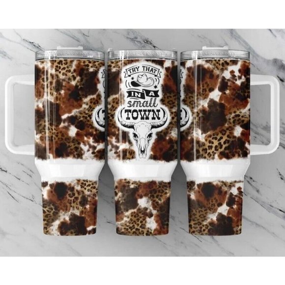 Try That in a Small Town, Jason Aldean •BEST SELLER• Cowhide 40oz Tumbler Handl - Picture 1 of 2